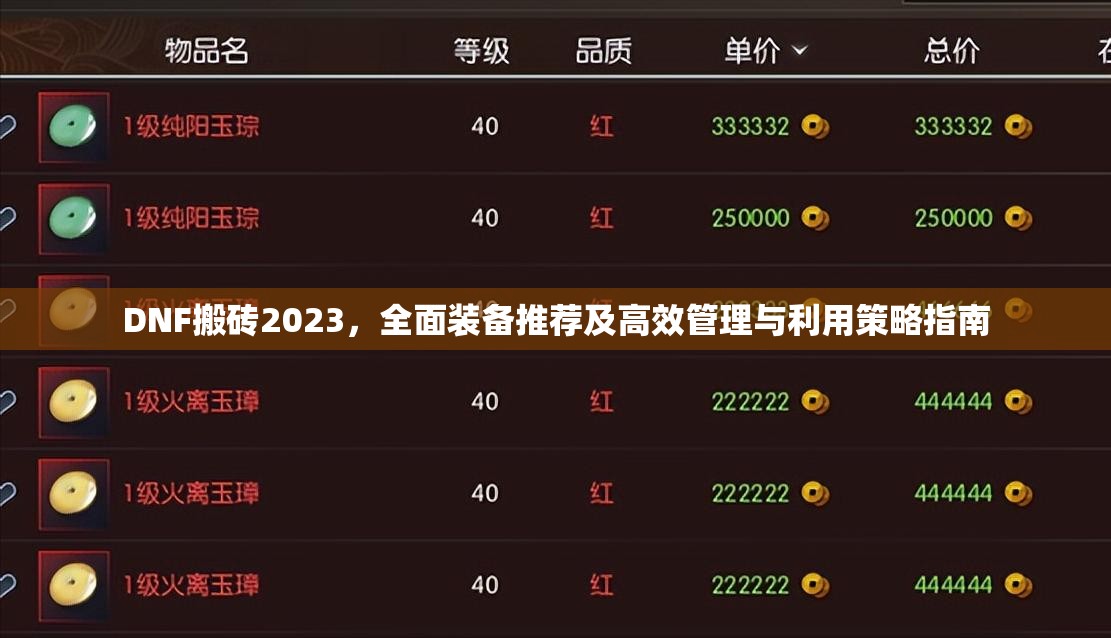 DNF搬砖2023，全面装备推荐及高效管理与利用策略指南