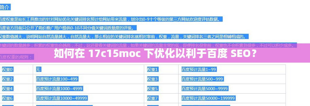 如何在 17c15moc 下优化以利于百度 SEO？