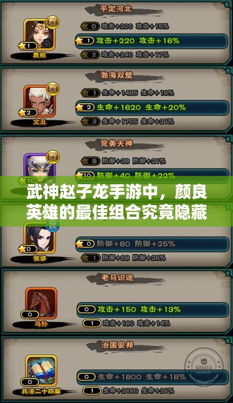 武神赵子龙手游中，颜良英雄的最佳组合究竟隐藏着什么秘密？
